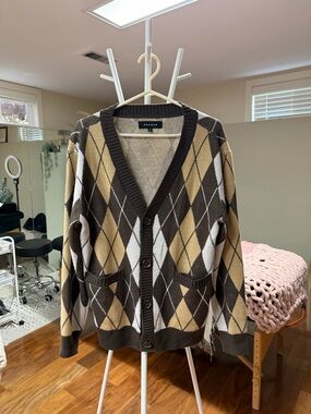 PacSun Brown Tan Cream Argyle Button Cardigan